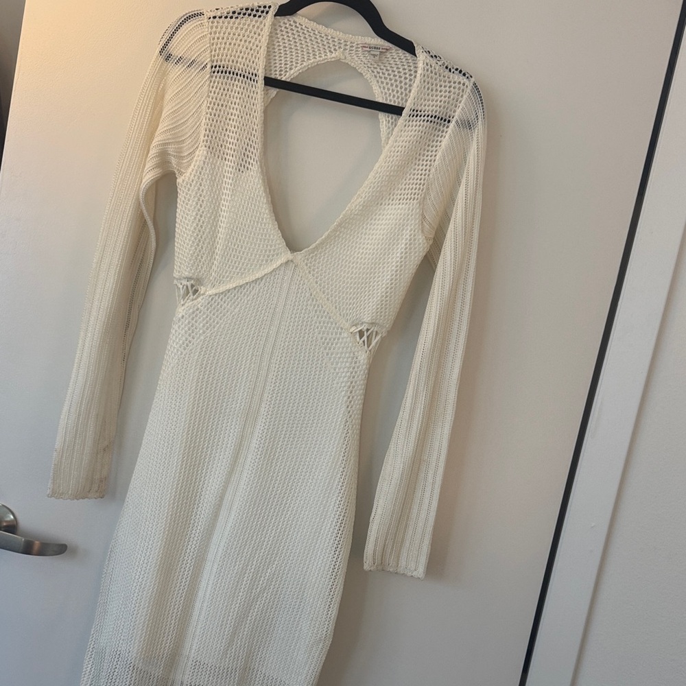 Guess Cream Open-Knit Long Sleeve V-Neck Dress